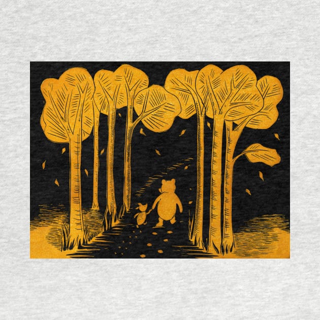 Winnie the Pooh and Piglet lino print in gold and black by Maddybennettart